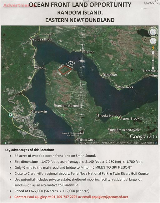 OCEAN FRONT LAND OPPORTUNITY, RANDOM ISLAND, EASTERN NEWFOUNDLAND, For